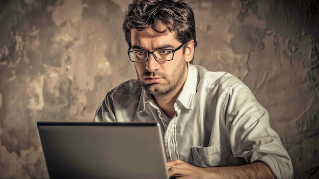 Een jonge professional met een bril werkt tot laat op zijn laptop hij kijkt naar het scherm met een gefocuste uitdrukking