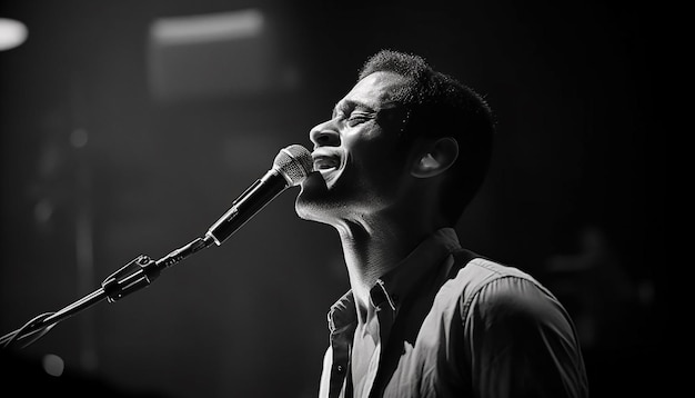 Een jonge rockgitarist treedt op in een door AI gegenereerde nachtclub