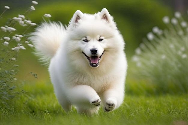 Een jonge Samojeed husky in het wit dartelt rond op een groen grasveld