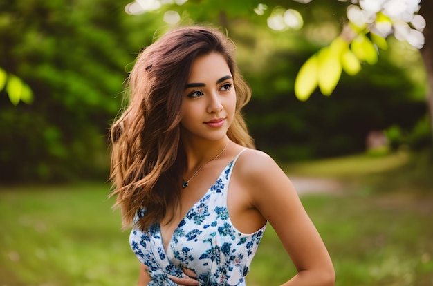 Een jonge schattige vrouw in een witte elegante jurk met een blauw patroon erop loopt op een zonnige dag in de natuur