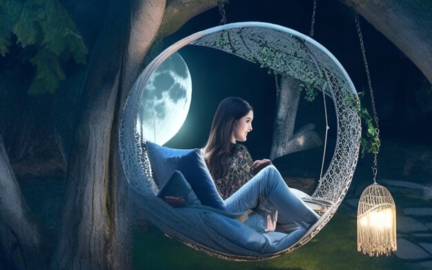 Een jonge schoonheidsvrouw in een schommelstoel in de tuin, haar laptop verlicht door het zachte licht van de maan