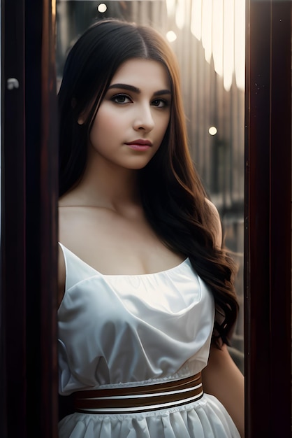 Een jonge sensuele vrouw in een witte elegante nylon jurk staat bij het raam in de middag