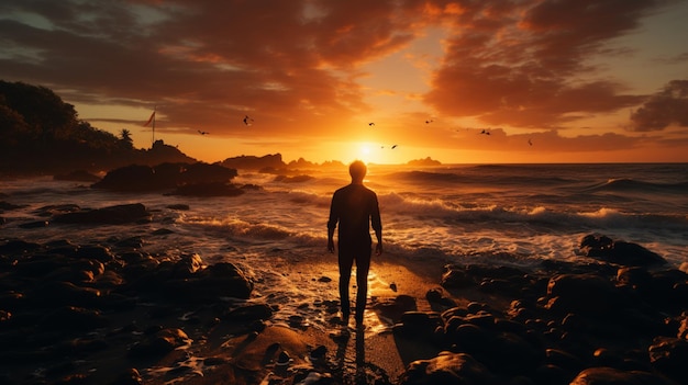 Een jonge silhouet man die op de zonsondergang op het strand staat
