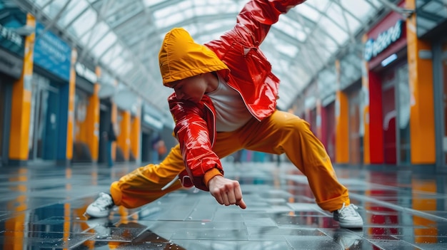 Een jonge stedelijke danseres die een krachtige pose inneemt op een regenachtige straat die atletische mode en energie weerspiegelt