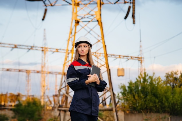 Een jonge technische werknemer inspecteert en controleert de uitrusting van de hoogspanningslijn