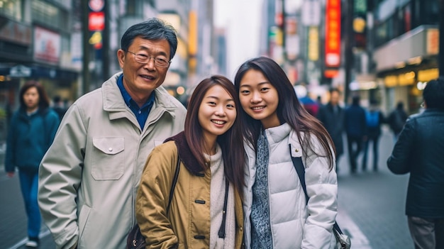 Een jonge Thaise vrouw en haar ouders staan afgebeeld op een generatieve AI-familiefoto in Bangkok