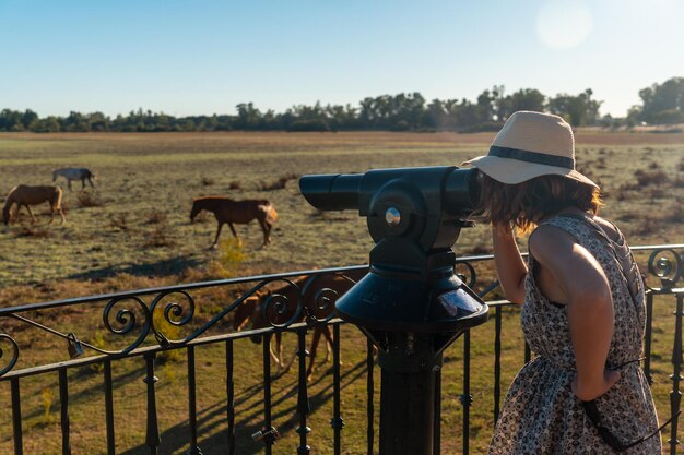 Een jonge toerist die met een verrekijker naar de paarden kijkt die grazen in het donana-park santuario del rocio