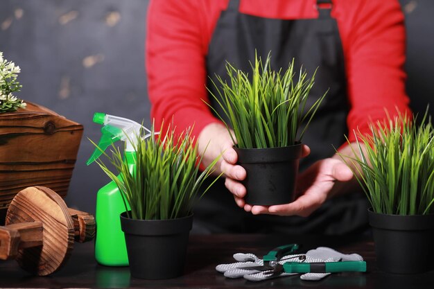 Een jonge tuinman zorgt voor zaailingen en snijdt bloemen.tuinman met een bloembak. man die zorgt voor het planten van zaailingen in het voorjaar.