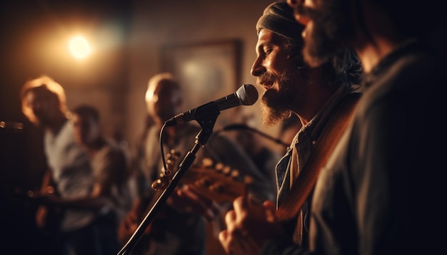 Een jonge volwassen muzikant die 's nachts gitaar speelt op het podium, gegenereerd door ai