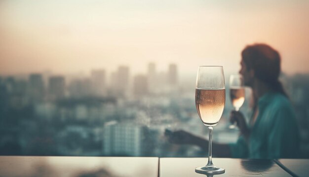 Een jonge volwassene die een champagneglas vasthoudt, geniet van het nachtleven in de stad, gegenereerd door AI