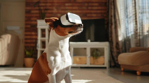 Een jonge vrolijke hond zit in een moderne kamer met een witte VR virtual reality headset daglicht