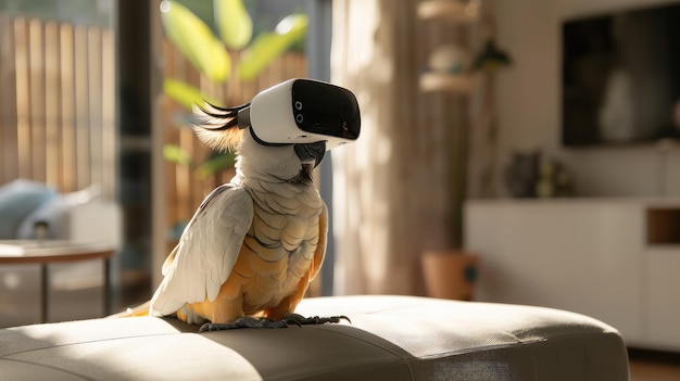 Een jonge vrolijke papegaai zit in een moderne kamer met een witte VR virtual reality headset daglicht