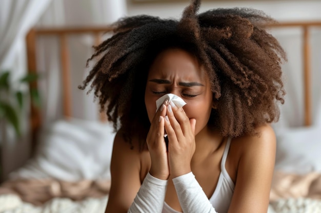 Een jonge vrouw blaast haar neus met een zakdoek tijdens het lente allergie seizoen bloeien bloemen