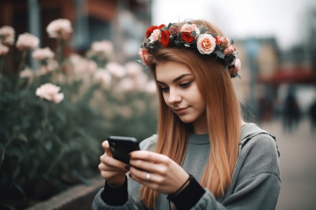 Een jonge vrouw bladert door haar digitale foto's op haar telefoon die zijn gemaakt met generatieve AI