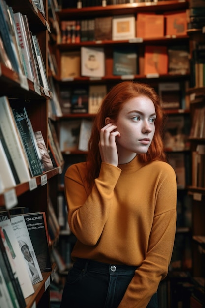 Een jonge vrouw die aan de telefoon staat terwijl ze in een boekwinkel staat die is gemaakt met generatieve AI