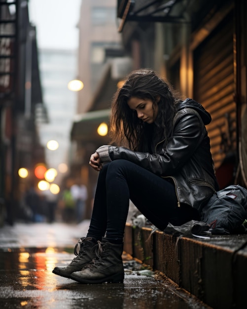 een jonge vrouw die aan de zijkant van een straat in de regen zit