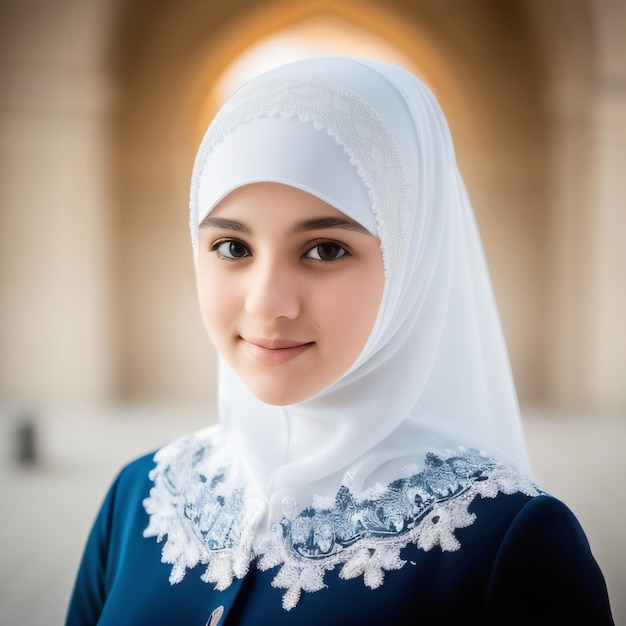 Een jonge vrouw die een blauw-witte hijab draagt.