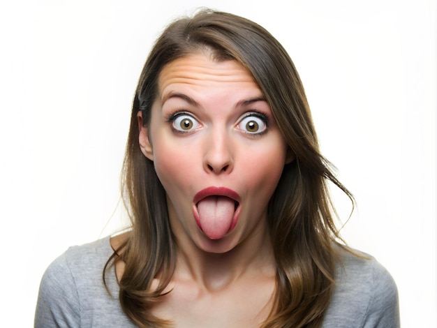 Foto een jonge vrouw die een grappig gezicht maakt met haar tong eruit en de ogen gekruist