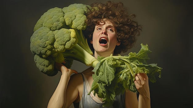 een jonge vrouw die een groot stuk broccoli vasthoudt met haar haar geschreeuwd in de stijl van emotioneel.