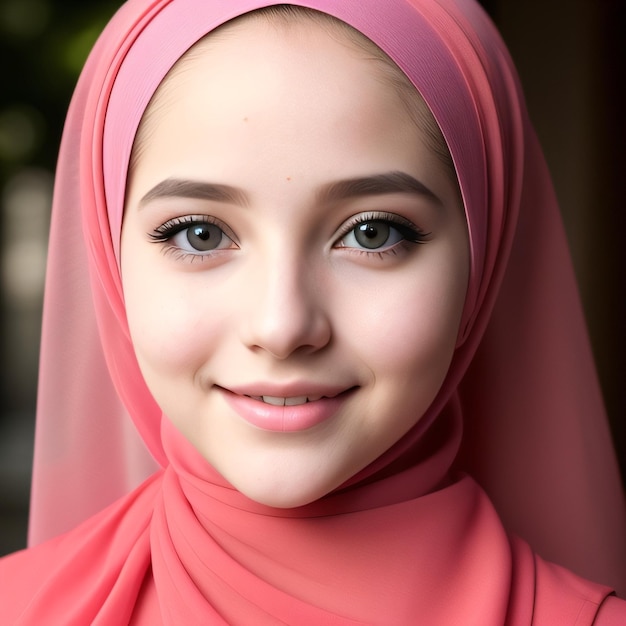 Een jonge vrouw die een roze hijab draagt met het woord liefde erop.