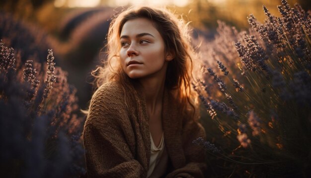 Een jonge vrouw die geniet van vrijetijdsbesteding glimlacht bij een rustige zonsondergang gegenereerd door AI