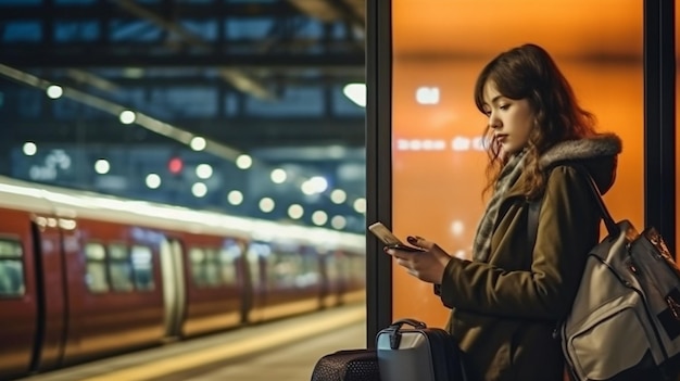 Een jonge vrouw die haar smartphone gebruikt tijdens het wachten op een trein op een perron in de nacht Generatieve AI