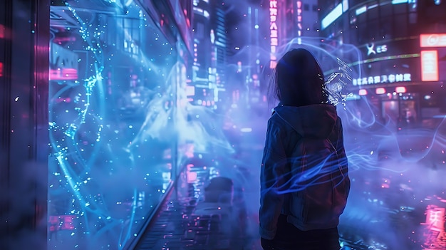 Een jonge vrouw die in een donkere steeg staat en naar een holografische projectie van een stad kijkt