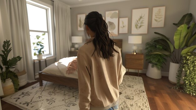 Een jonge vrouw die in een slaapkamer staat en naar het bed kijkt. De kamer is in een moderne stijl ingericht met lichte muren en meubels.