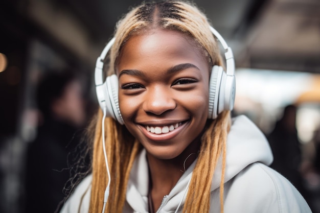 Een jonge vrouw die lacht naar de camera terwijl ze naar muziek luistert op haar koptelefoon