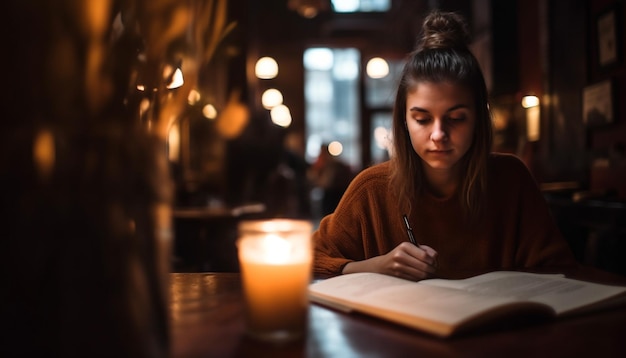 Een jonge vrouw die literatuur studeert, geniet van comfortabel lezen, gegenereerd door AI