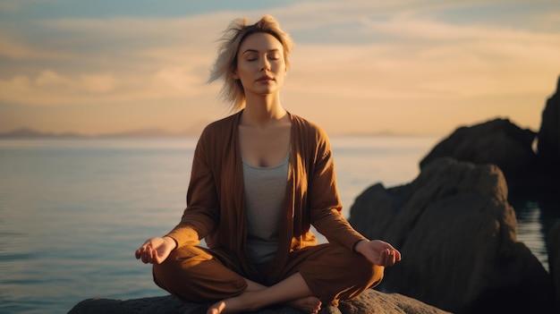 Een jonge vrouw die mediteert op een rots aan het strand, die mindfulness beoefent en zich concentreert.