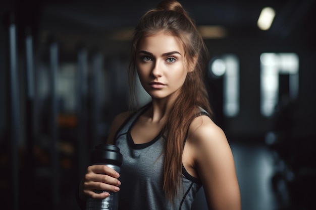 Een jonge vrouw die na het sporten een fles water vasthoudt, gemaakt met generatieve ai