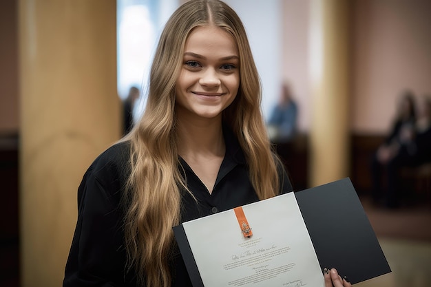 Een jonge vrouw die naar de camera glimlacht terwijl ze een diploma in haar hand houdt, gemaakt met generatieve AI