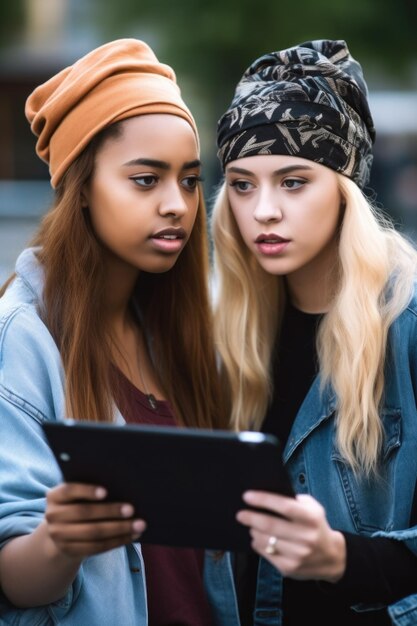 Foto een jonge vrouw die naar een digitale tablet kijkt met haar vriendin gemaakt met generatieve ai