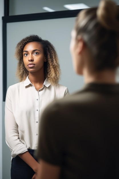 Een jonge vrouw die staat en naar haar teamleider kijkt, gemaakt met generatieve AI