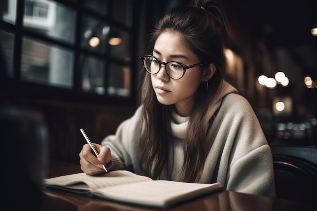 Een jonge vrouw die studeert in een café dat is gemaakt met generatieve AI