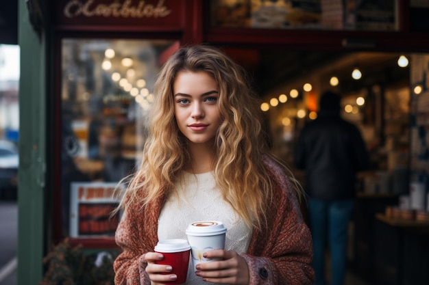 Een jonge vrouw die voor een koffiewinkel staat en een kop koffie vasthoudt