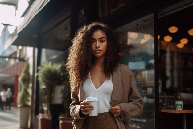 Een jonge vrouw die voor een koffiewinkel staat en een kop koffie vasthoudt