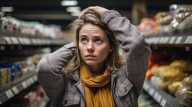 Foto een jonge vrouw doet boodschappen in de supermarkt en maakt zich zorgen over de stijgende voedselprijzen