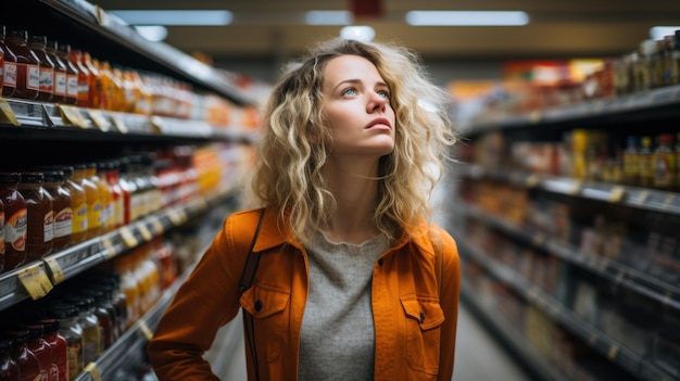Foto een jonge vrouw doet boodschappen in de supermarkt en maakt zich zorgen over de stijgende voedselprijzen