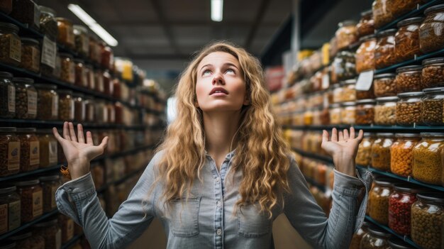 Foto een jonge vrouw doet boodschappen in de supermarkt en maakt zich zorgen over de stijgende voedselprijzen