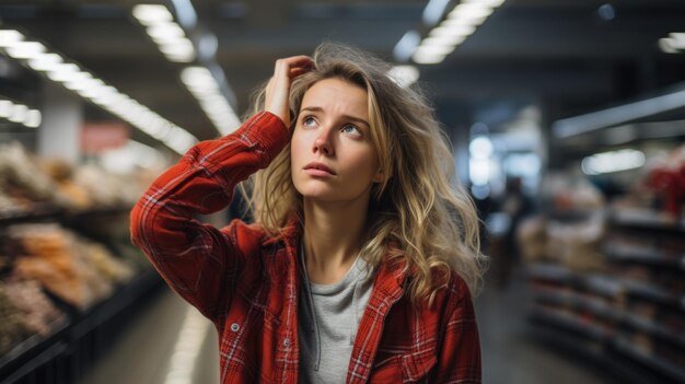 Een jonge vrouw doet boodschappen in de supermarkt en maakt zich zorgen over de stijgende voedselprijzen