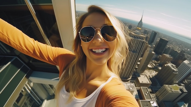 Een jonge vrouw een meisje maakt een foto van een selfie op het dak van een wolkenkrabber tegen de achtergrond van een grote stad op een zomerdag Extreem risicovolle fotografie