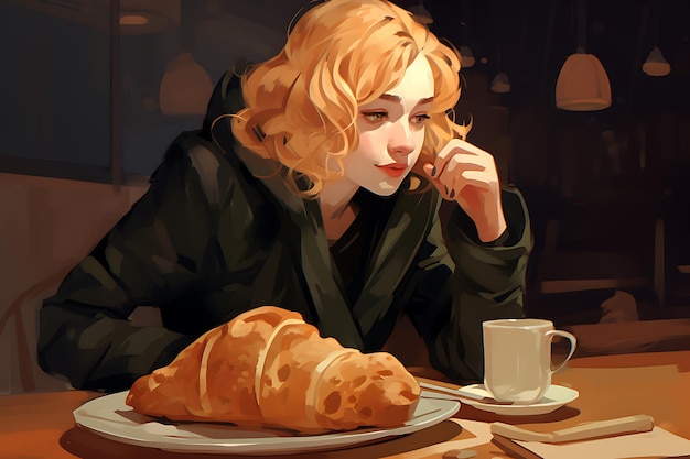 Een jonge vrouw eet croissants met koffie in een café.