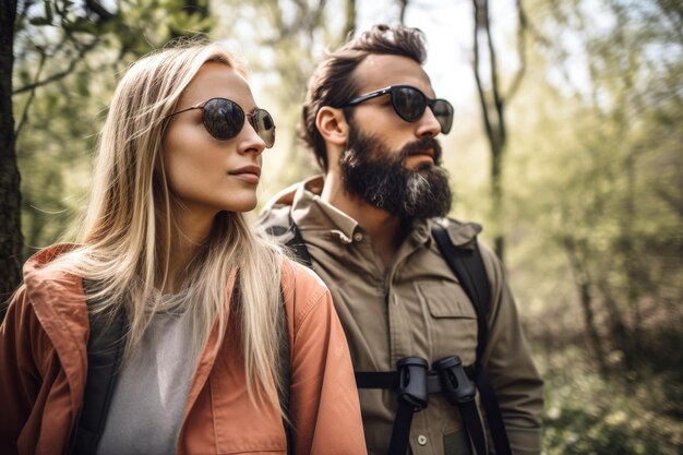 Foto een jonge vrouw en man gaan op een vogelobservatietocht door het bos