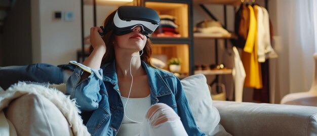 Foto een jonge vrouw gebruikt thuis een virtual reality headset terwijl ze op een bank zit en online winkelt via een virtual reality kledingwinkel in de avond rust ze thuis en kiest een nieuwe stijl over de