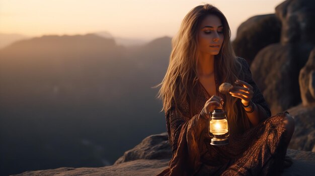 Een jonge vrouw geniet van de zonsondergang terwijl ze op een berg zit met een lantaarn