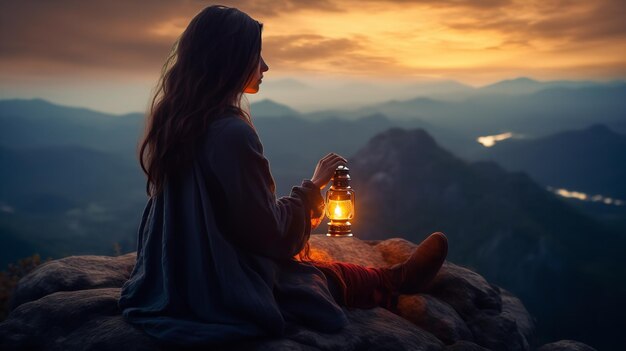 Een jonge vrouw geniet van de zonsondergang terwijl ze op een berg zit met een lantaarn