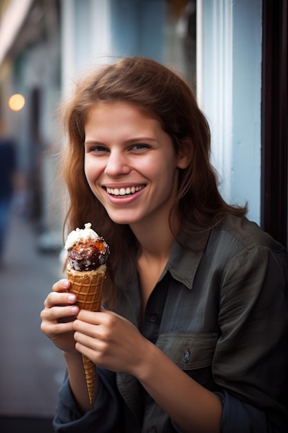 Een jonge vrouw geniet van een ijsje gemaakt met generatieve AI