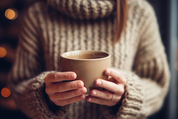 Een jonge vrouw geniet van een kopje koffie in een trendy café Generative AI